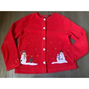 C&B‎ Sport Red Fleece Snowman vintage Christmas Cardigan Sweater Womens S